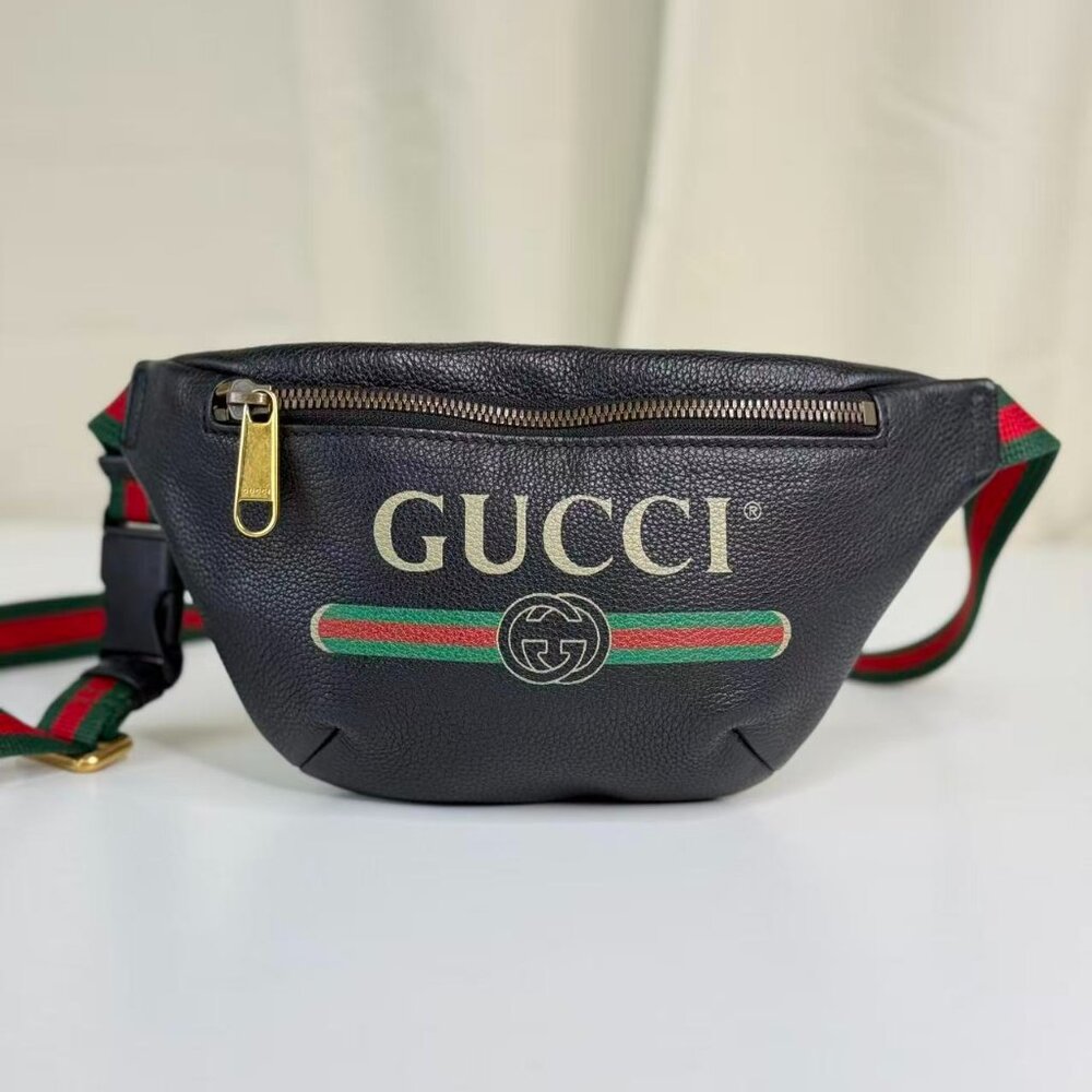 Gucci Black Leather Printed Bum Bag with Green & Red Stripes and Gold Hardware